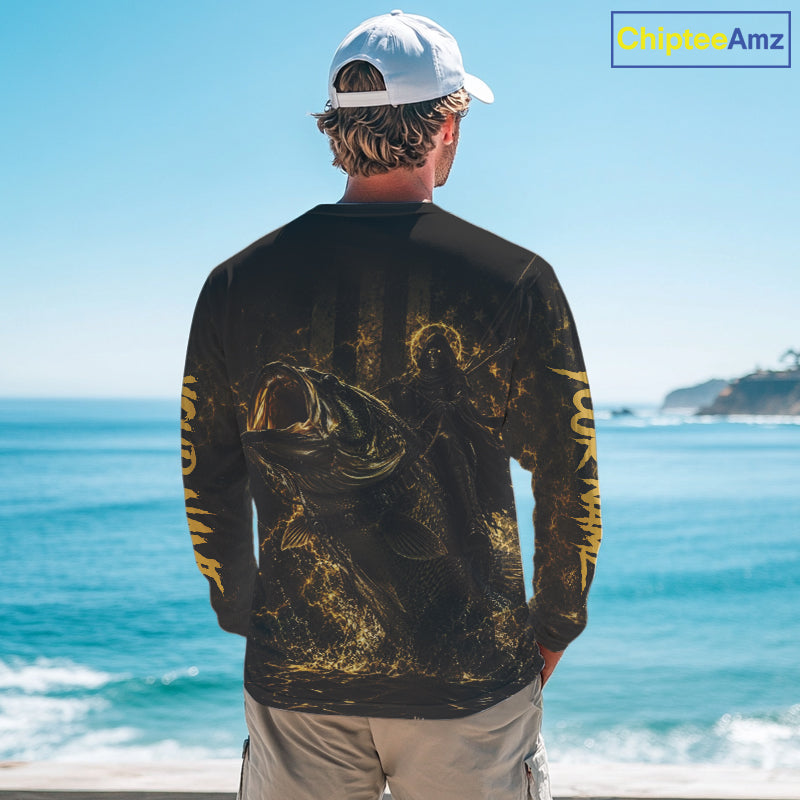 Grim Reaper Bass Fishing Jersey, Largemouth Bass Long Sleeve Performance Fishing Shirt|Yellow NHT1210