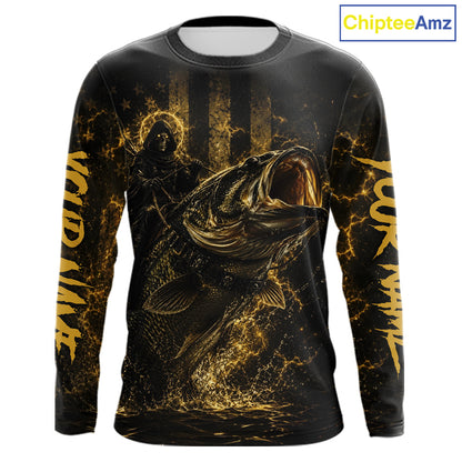 Yellow Grim Reaper Bass Fishing Jersey long sleeve with largemouth bass graphic and performance fit