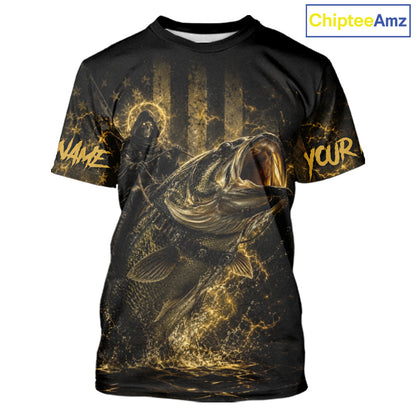 Yellow Grim Reaper bass fishing jersey with largemouth bass graphic, short sleeve UPF 30+ performance fishing shirt for men