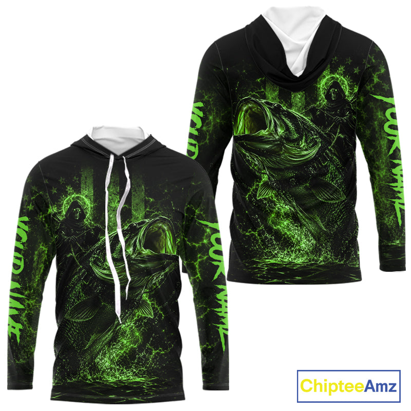 Back view of green hooded bass fishing shirt made from breathable polyester with UPF 30+ sun protection.