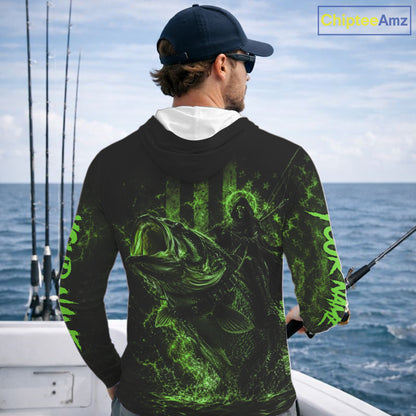 Grim Reaper Bass Fishing Jersey, Largemouth Bass Long Sleeve Hooded Performance Fishing Shirt|Green NHT1211