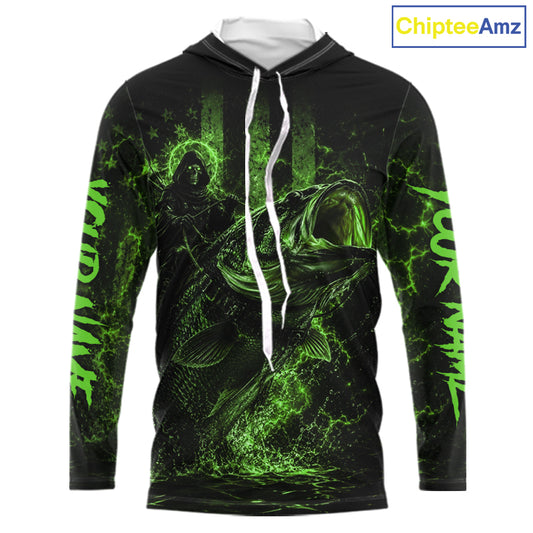 Green Grim Reaper Bass Fishing Jersey hooded long sleeve with largemouth bass graphic and performance fit.