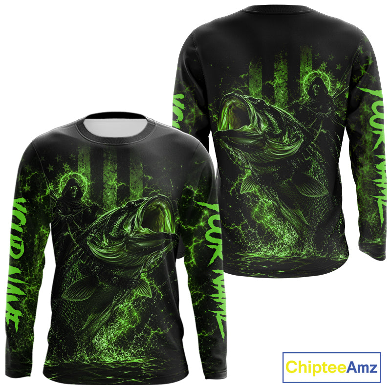 Back view of green bass fishing shirt made from breathable polyester with UPF 30+ sun protection