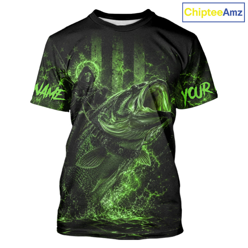 Green Grim Reaper Bass Fishing Jersey with largemouth bass graphic and short sleeve performance fit