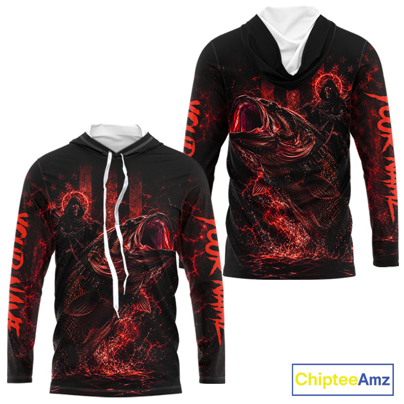 Back view of red hooded fishing shirt made from lightweight polyester with UPF 30+ sun protection.