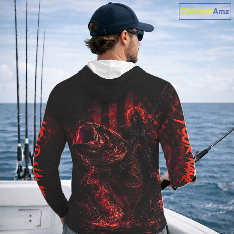 Grim Reaper Bass Fishing Jersey, Largemouth Bass Long Sleeve Hooded Performance Fishing Shirt|Red NHT1212