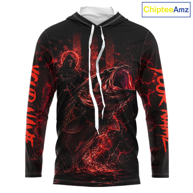 Red Grim Reaper Bass Fishing Jersey long sleeve hooded shirt with bass-inspired print and performance fit.