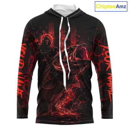 Red Grim Reaper Bass Fishing Jersey long sleeve hooded shirt with bass-inspired print and performance fit.