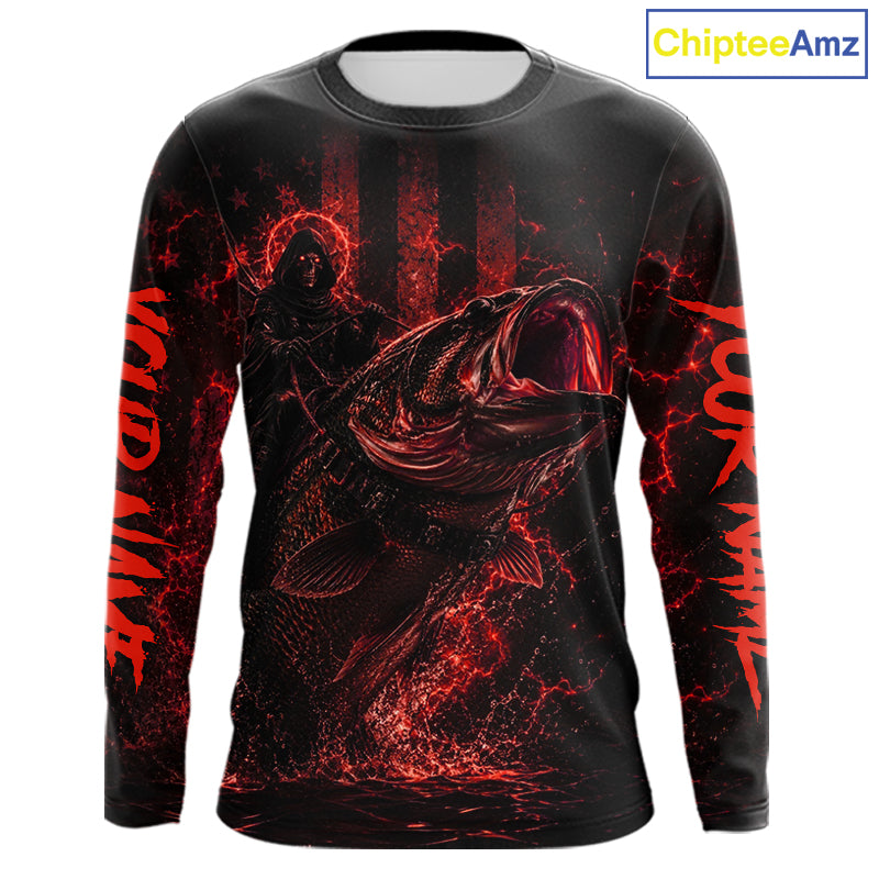Red Grim Reaper Bass Fishing Jersey long sleeve with largemouth bass graphic and performance fit.