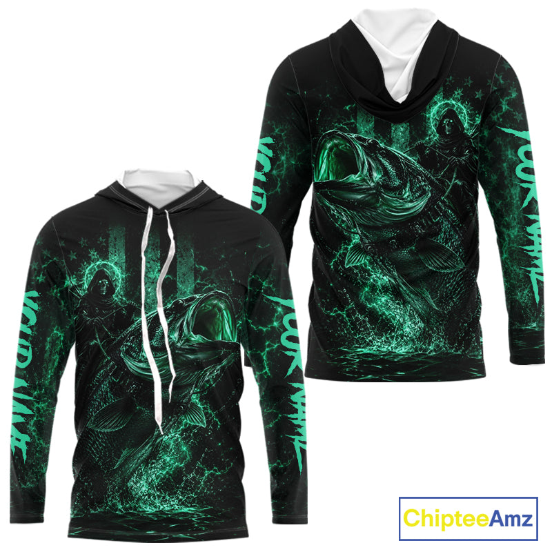 Back view of turquoise hooded fishing shirt made from lightweight polyester with UPF 30+ sun protection.