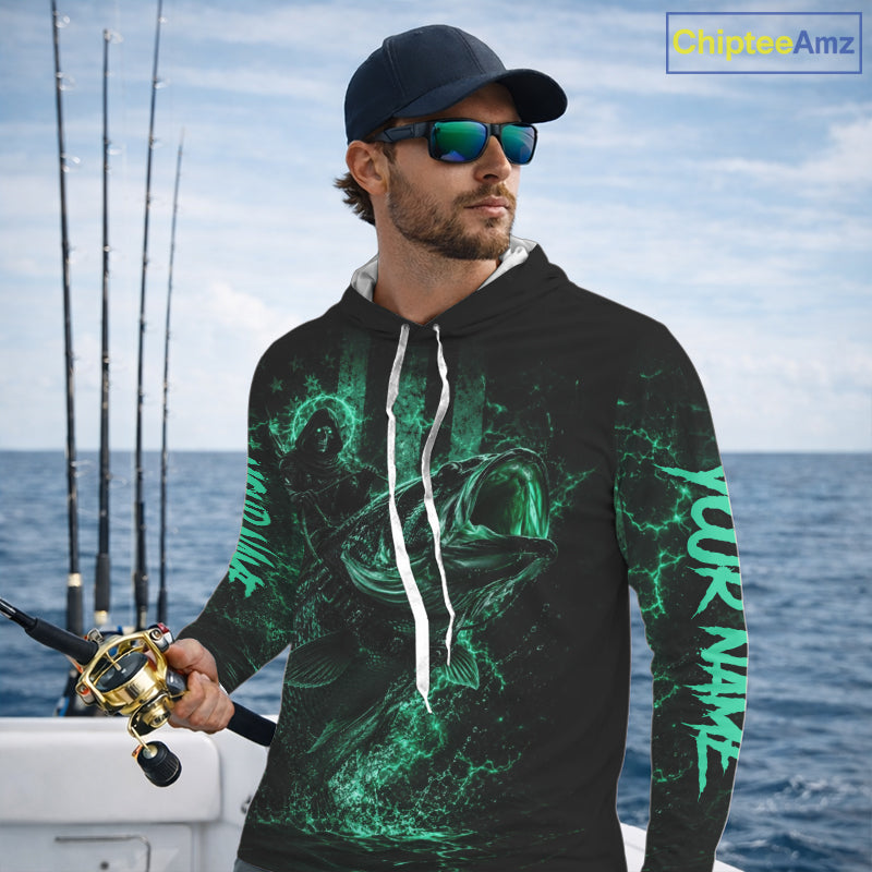 Grim Reaper Bass Fishing Jersey, Largemouth Bass Long Sleeve Hooded Performance Fishing Shirt|Turquoise NHT1213