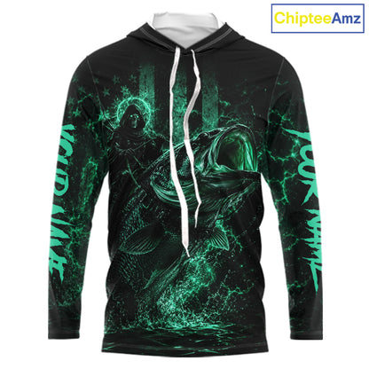 Turquoise Grim Reaper Bass Fishing Jersey long sleeve hooded shirt with bass-inspired print and performance fit.