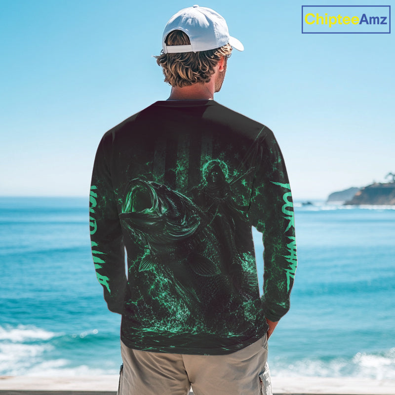 Grim Reaper Bass Fishing Jersey, Largemouth Bass Long Sleeve Performance Fishing Shirt|Turquoise NHT1213