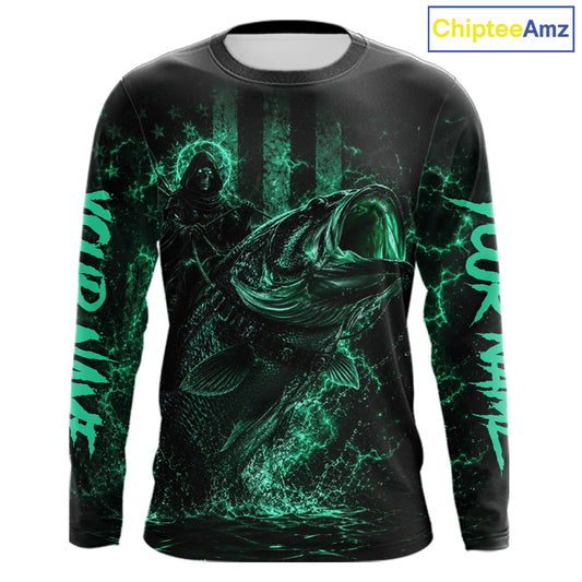 Turquoise Grim Reaper Bass Fishing Jersey long sleeve with largemouth bass graphic and performance fit.