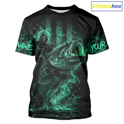 Turquoise Grim Reaper Bass Fishing Jersey with largemouth bass graphic and short sleeve performance fit.