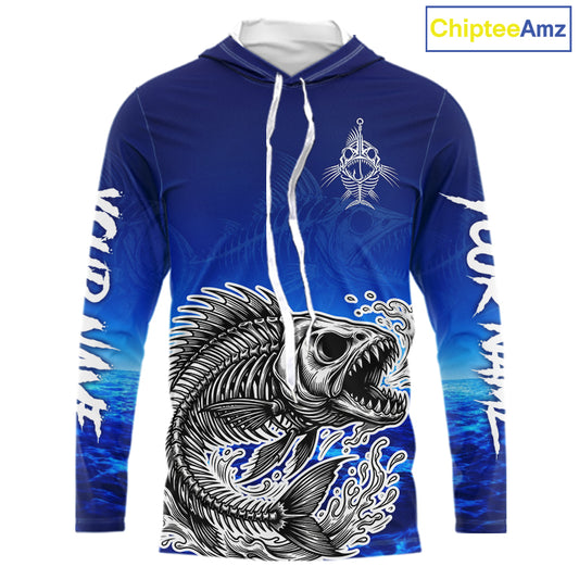 Personalized Fishing Fish Skeleton Fishing Shirts Long Sleeve Hooded, Ocean Wave Fishing Jersey NHT1353