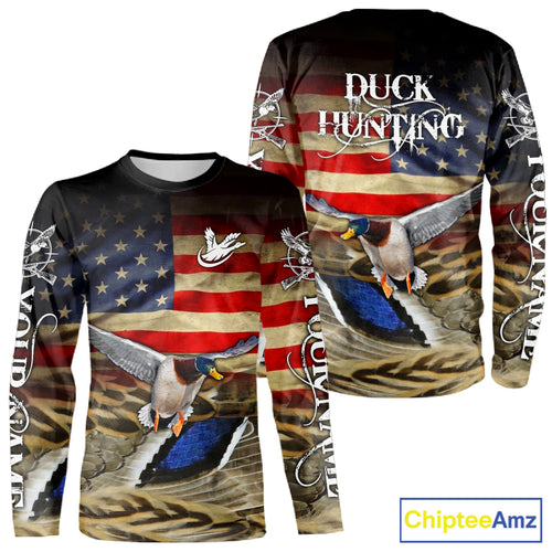 Duck Hunting Waterfowl Camo US Flag, Duck Hunting Gifts, Duck Hunting Shirt NHT294
