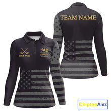Load image into Gallery viewer, Black &amp; Gold American Flag Womens Golf Polo Shirts, Golf Gifts For Team NHT887