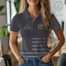 Load image into Gallery viewer, Black &amp; Gold American Flag Womens Golf Polo Shirts, Golf Gifts For Team NHT887