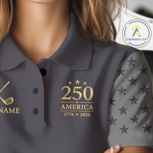 Load image into Gallery viewer, Black &amp; Gold American Flag Womens Golf Polo Shirts, Golf Gifts For Team NHT887