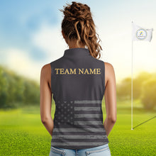 Load image into Gallery viewer, Black &amp; Gold American Flag Sleeveless Womens Golf Polo Shirts, Golf Gifts For Team NHT887