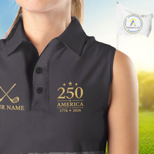 Load image into Gallery viewer, Black &amp; Gold American Flag Sleeveless Womens Golf Polo Shirts, Golf Gifts For Team NHT887