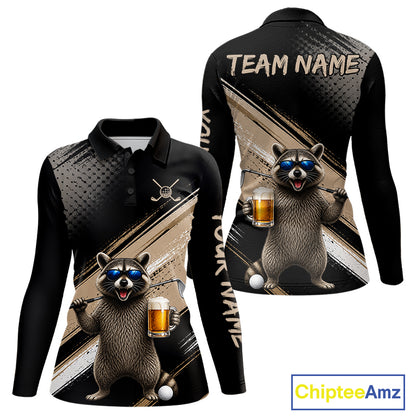 Funny Raccoon Golf Polo Shirt Custom Name Golf Beer Polo Gift For Women Black Beige Golf Jersey  NHT891