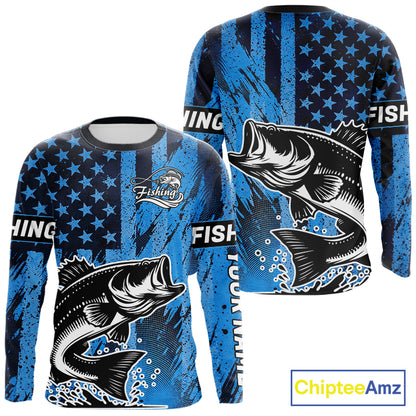 Bass Fishing American Camo Custom Name UV Protection Long Sleeves Shirt, Bass Fishing Jersey NHT530