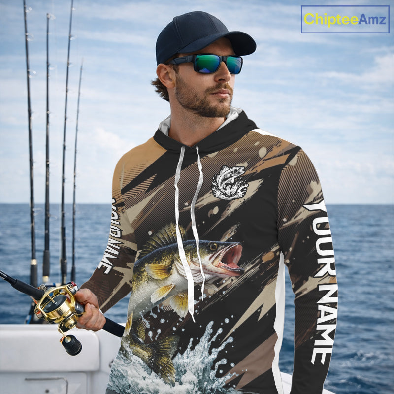 Brown Camo Walleye Fishing Shirts Long Sleeve Hooded, Custom Walleye Performance Fishing Apparel NHT459