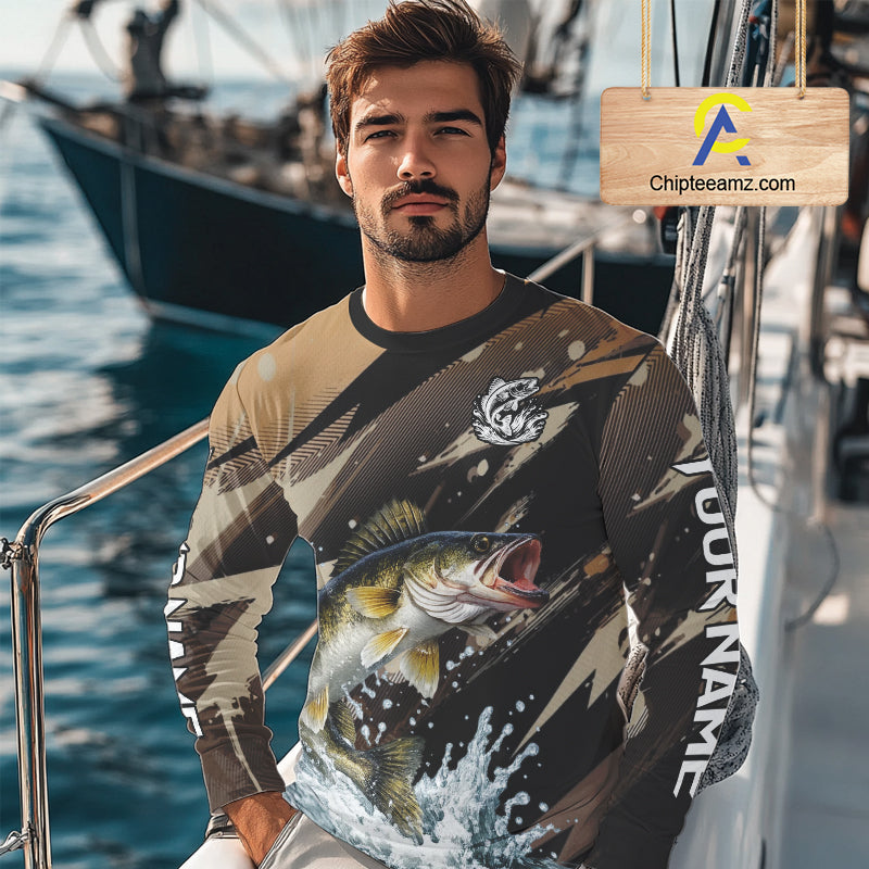 Brown Camo Walleye Fishing Shirts Long Sleeve, Custom Walleye Performance Fishing Apparel NHT459