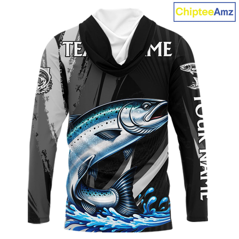 Personalized Black Camo Chinook Salmon Fishing Jerseys, Salmon Long Sleeve Hooded Fishing Shirts  NHT463