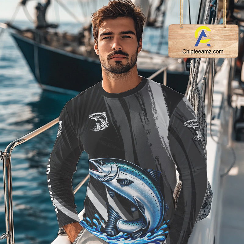 Personalized Black Camo Chinook Salmon Fishing Jerseys, Salmon Long Sleeve Fishing Shirts NHT463
