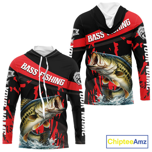 Custom Largemouth Bass Fishing Jerseys, Largemouth Bass Hooded Fishing Shirts Long Sleeve For Men|Red NHT725