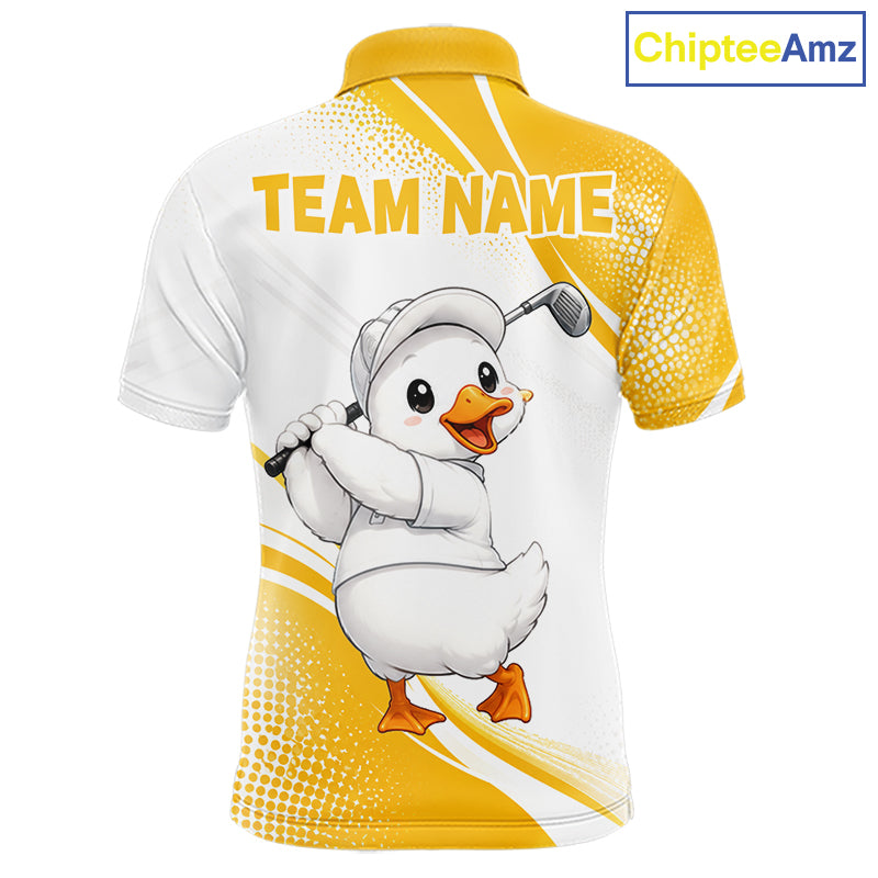 A short-sleeve polo shirt shown from the back, featuring a white and yellow graphic design with a cartoon duck holding a golf club and the text 'TEAM NAME' across the upper back. The shirt is displayed on a plain white background with a 'ChipteeAmz' logo in the top right corner.