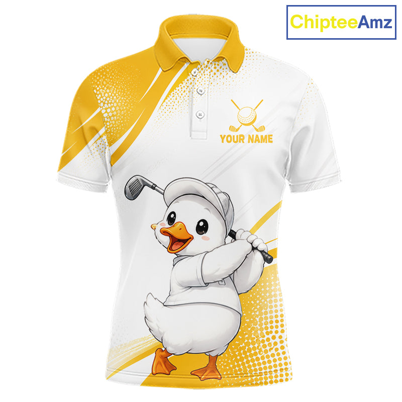 A white and yellow short-sleeve polo shirt with a cartoon golf duck graphic on the front, featuring a customizable name print on the chest. The brand name 'ChipteeAmz' is visible in the top right corner.