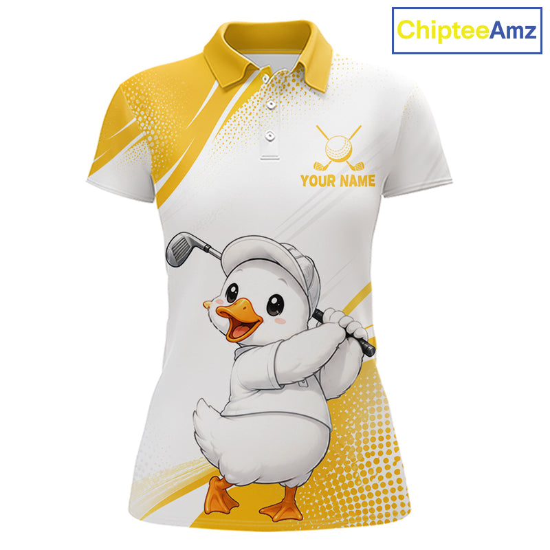A women's short-sleeve polo shirt with a white and yellow color-blocked design, featuring a cartoon duck golf player graphic on the front and 'YOUR NAME' text on the chest. A 'ChipteeAmz' logo is visible in the top right corner.