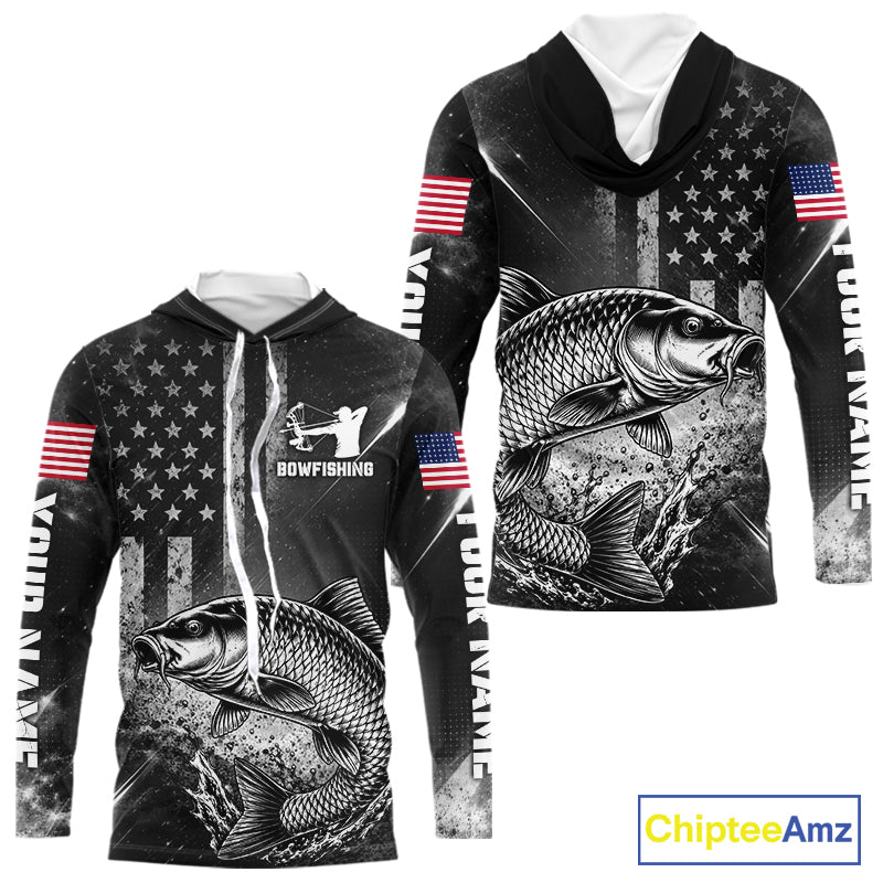 American Flag Bowfishing Shirt With Carp Design, Fishing Shirts Hooded Long Sleeve For Men NHT1369