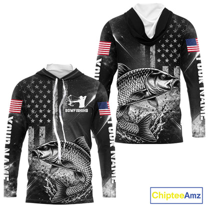 American Flag Bowfishing Shirt With Carp Design, Fishing Shirts Hooded Long Sleeve For Men NHT1369