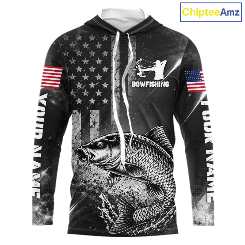 American Flag Bowfishing Shirt With Carp Design, Fishing Shirts Hooded Long Sleeve For Men NHT1369