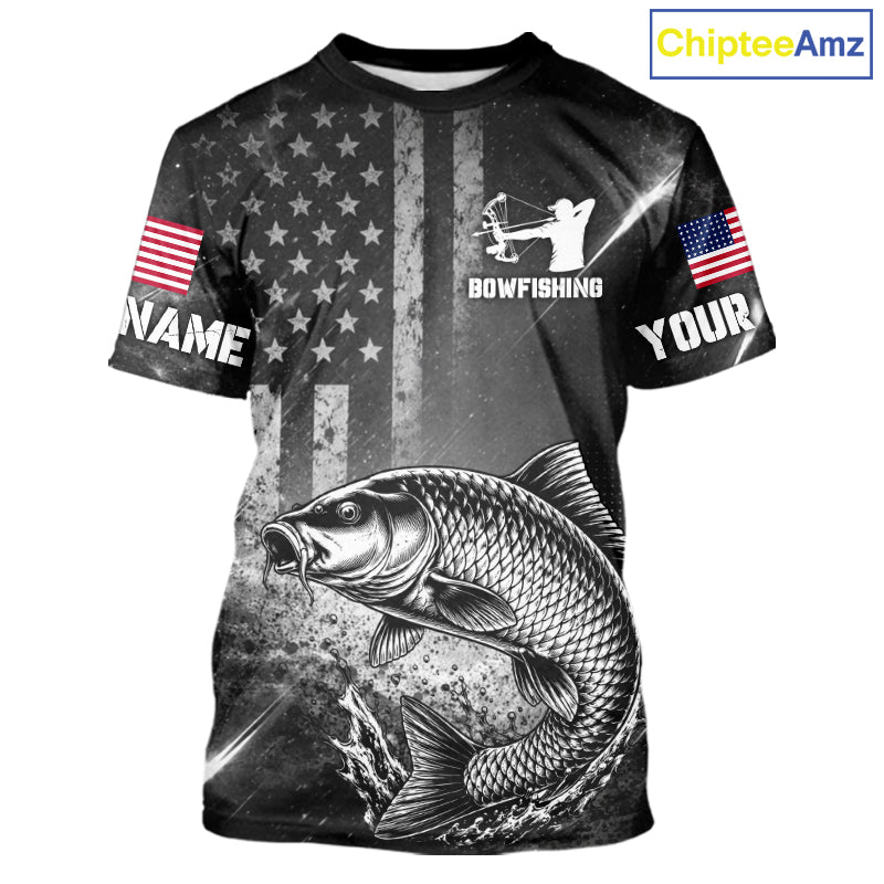 American Flag Bowfishing Shirt With Alligator Gar Design, Fishing Shirts Short Sleeve For Men NHT1370