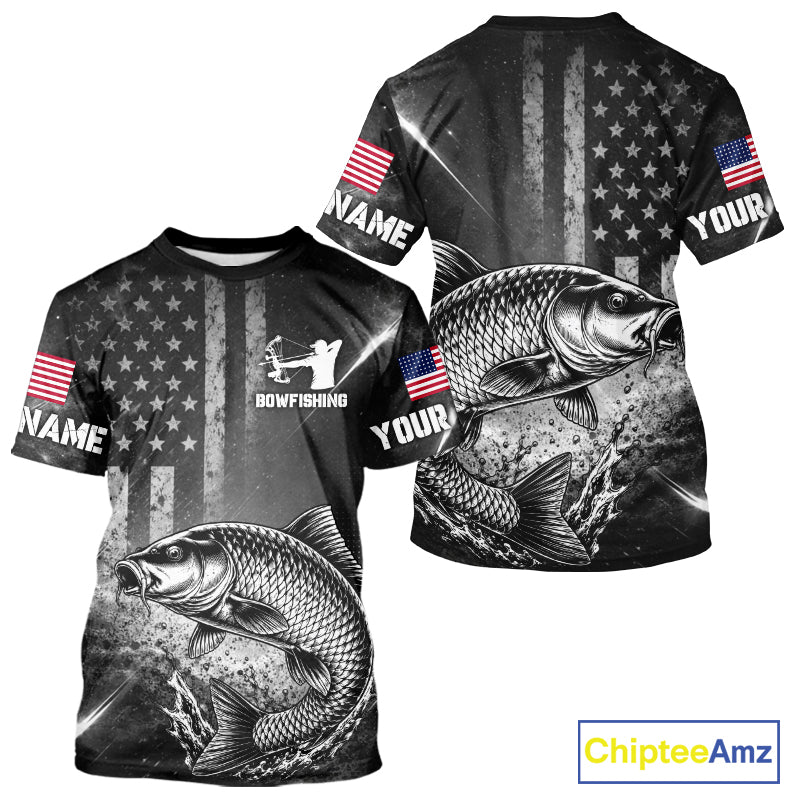 American Flag Bowfishing Shirt With Alligator Gar Design, Fishing Shirts Short Sleeve For Men NHT1370