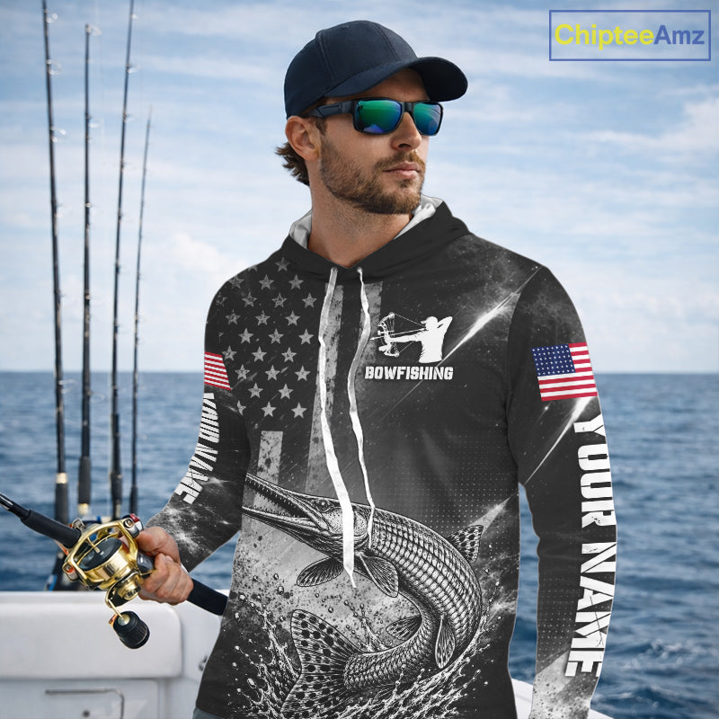American Flag Bowfishing Shirt With Alligator Gar Design, Fishing Shirts Hooded Long Sleeve For Men NHT1370