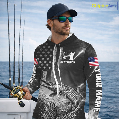 American Flag Bowfishing Shirt With Alligator Gar Design, Fishing Shirts Hooded Long Sleeve For Men NHT1370