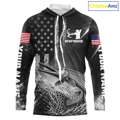 American Flag Bowfishing Shirt With Alligator Gar Design, Fishing Shirts Hooded Long Sleeve For Men NHT1370