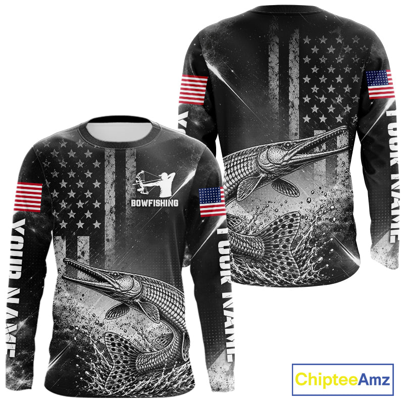 American Flag Bowfishing Shirt With Alligator Gar Design, Fishing Shirts Long Sleeve For Men NHT1370