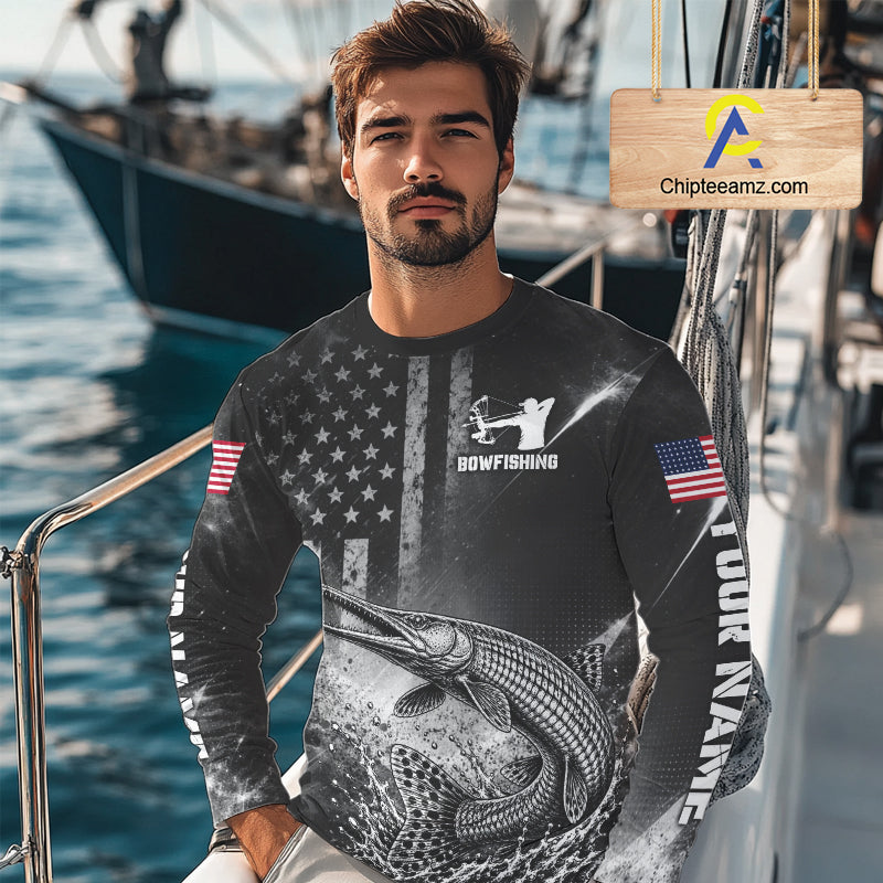 American Flag Bowfishing Shirt With Alligator Gar Design, Fishing Shirts Long Sleeve For Men NHT1370