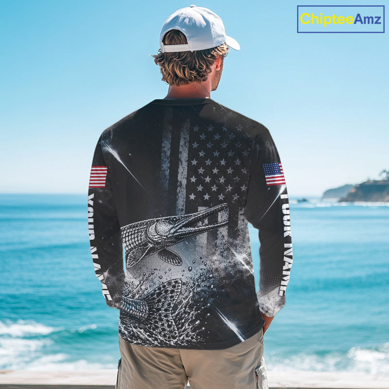 American Flag Bowfishing Shirt With Alligator Gar Design, Fishing Shirts Long Sleeve For Men NHT1370