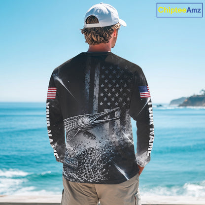 American Flag Bowfishing Shirt With Alligator Gar Design, Fishing Shirts Long Sleeve For Men NHT1370