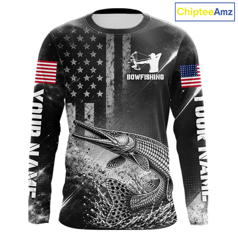 American Flag Bowfishing Shirt With Alligator Gar Design, Fishing Shirts Long Sleeve For Men NHT1370