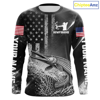 American Flag Bowfishing Shirt With Alligator Gar Design, Fishing Shirts Long Sleeve For Men NHT1370